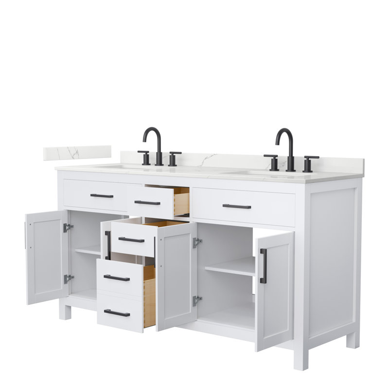 Beckett 66" Freestanding Double Bathroom Vanity with Quartz Top, Matte Black, Giotto Quartz, White
