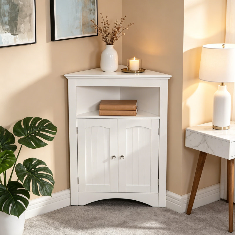Buffet Dencie, armoire d'angle, armoire de coin de plancher de salle de bain avec portes et tablettes
