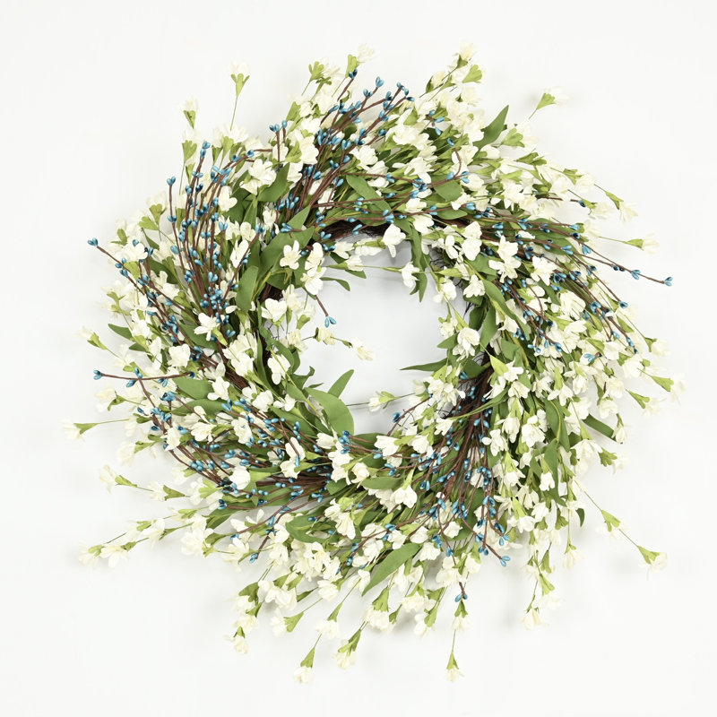 Couronne florale artificielle 24 po pour la porte d'entrée, Bleu/blanc/vert