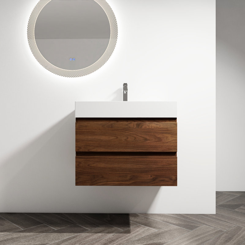 Meuble-lavabo de salle de bain de 30 po avec lavabo en résine et 2 tiroirs à fermeture en douceur. Fixation murale, moderne. Fabrication en contreplaqué pour la durabilité, base contemporaine. Base