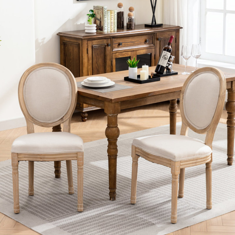 De 2 chaises de salle à manger, style français, lin beige, structure en bois massif, finition antique, revêtement en lin de style expérience enchanteresse, structure avec effet, chaises confortables