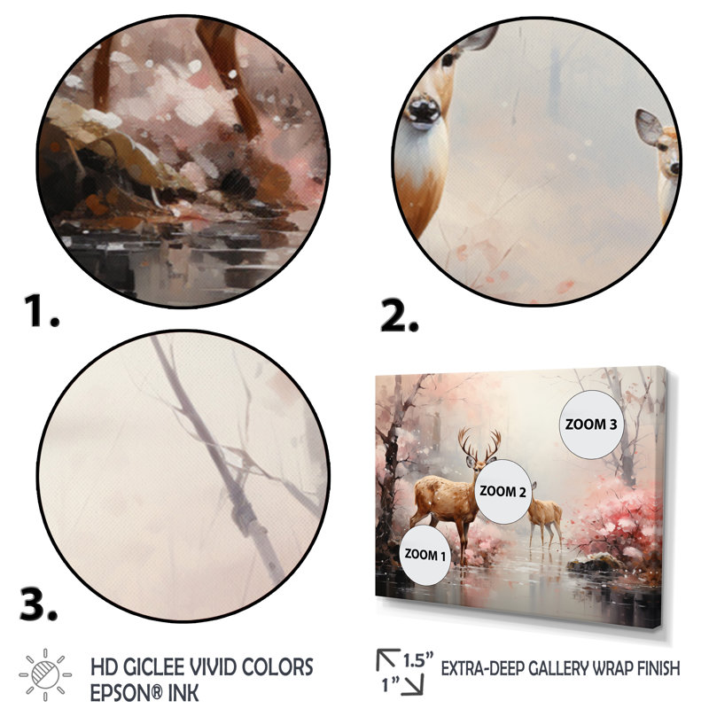 «Pink Deer Gentle Wilderness I», reproduction d'art sur toile, H 12 po x l 20 po x P 1 po, Cadre flottant noir