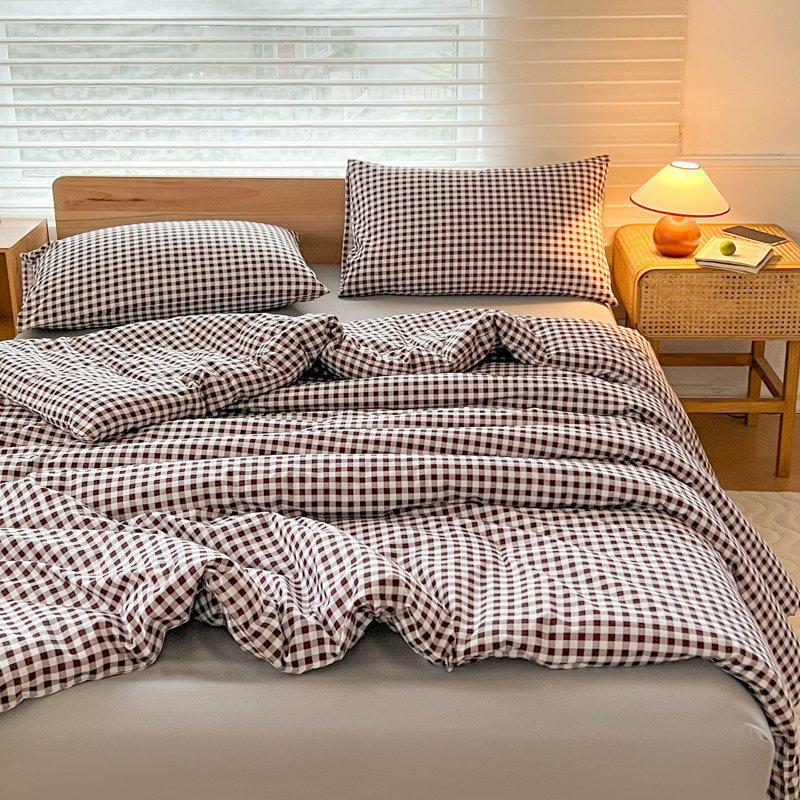 Ensemble d'édredon en microfibre prélavée Gingham, Édredon très grand et 2 taies d'oreiller, Vichy écossais brun