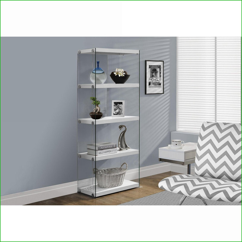 Bibliothèque contemporaine à 5 niveaux | Stratifié blanc neige brillant | Verre trempé transparent | 24 x 12 x 58,75 | Blanc | Panneau de fibres à densité moyenne