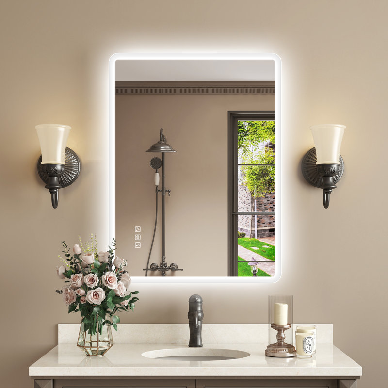 Wall-mounted Mirror with Lights – Frameless, Infinite Dimming, Anti-Fog, 3 Light Modes, Built-in Bluetooth, 24" x 32", Clear