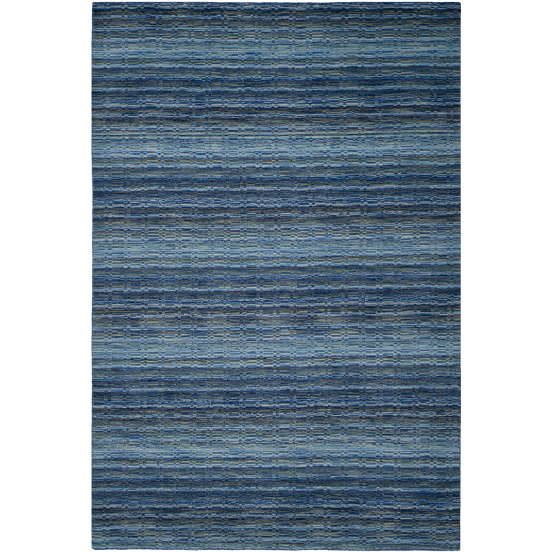 Tapis bleu abstrait en laine tissé à plat à la main Hossain, Rectangle 3 pi x 5 pi