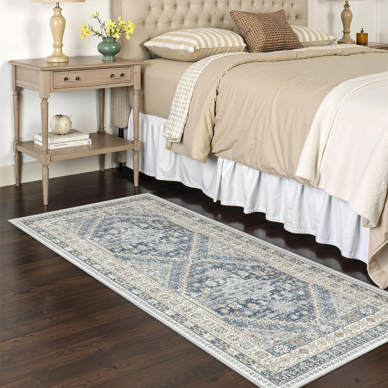 Tapis de cuisine antidérapant lavable, Bleu / Beige, Tapis de couloir 2 pi x 6 pi