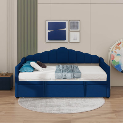 Upholstered Twin Size Daybed With Adjustable Height Pop Up Trundle Twin Bed And USB & Type-C Charging Port, Day Bed Frame With 2 Side Pockets