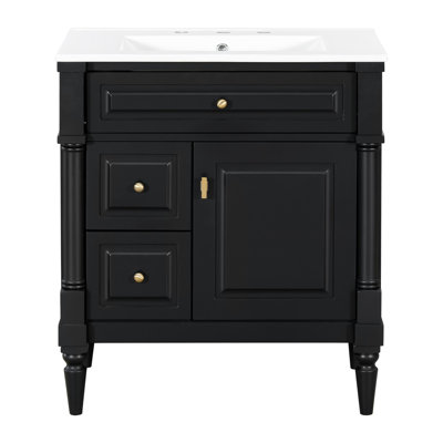 Meuble-lavabo avec lavabo, armoire de salle de bain autoportante avec tiroir rabattable, tablette réglable, structure en bois d'hévéa massif, panneaux de fibres à densité moyenne et poignées en métal