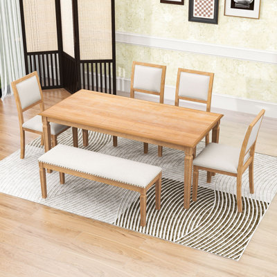 Rustic 6-Piece Extendable Dining Set with Distressed Finish, Upholstered Chairs & Bench