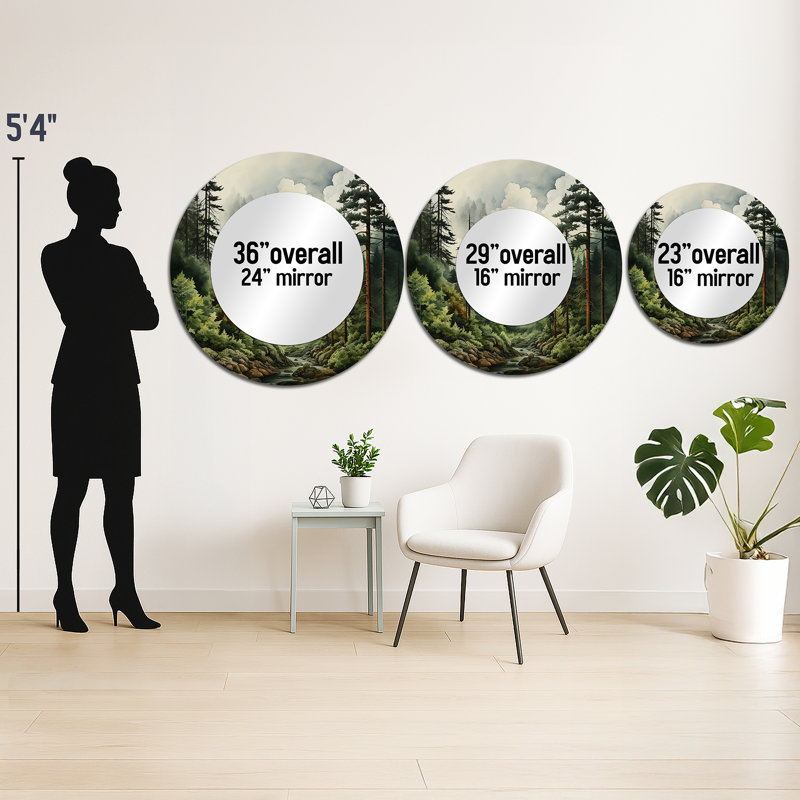 Pine Tree Forest - Pine Wall Mirror, Green Round Decorative Mirror, Printed Metal Art, 29" x 29"