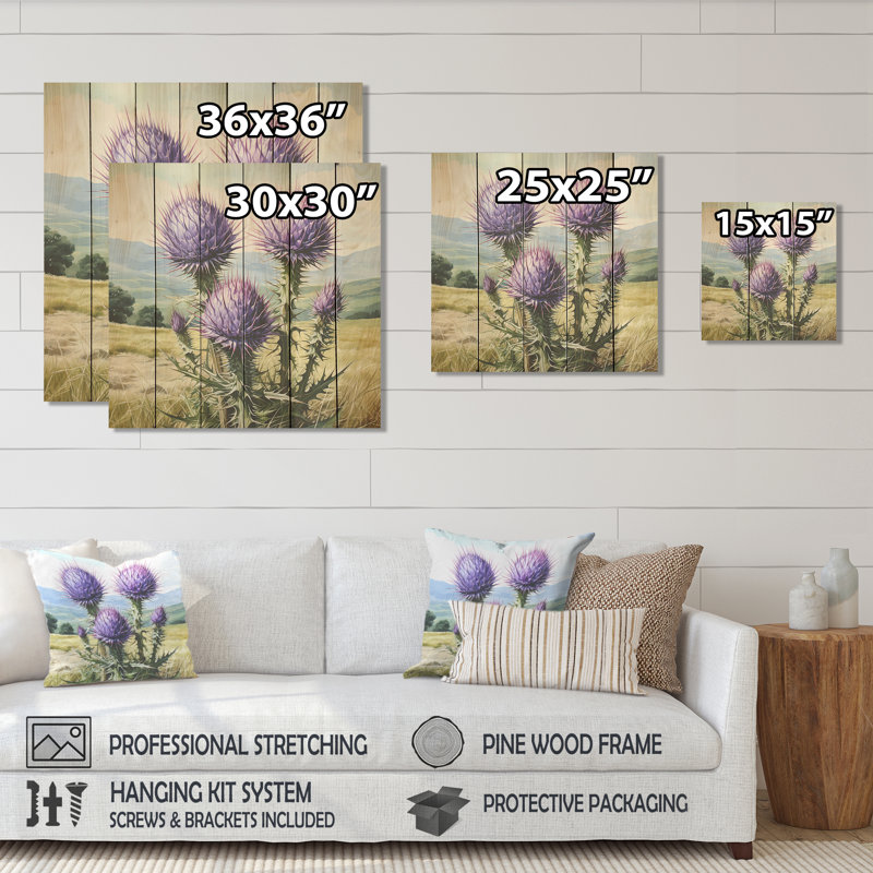 Champ de fleurs de chardon mauve - chardon sur bois, H 15 po x l 15 po