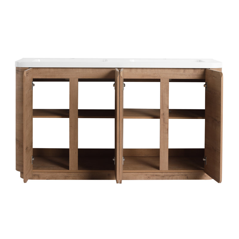 Ensemble meuble-lavabo double autoportant de 60 pouces avec lavabo en résine et tablettes ajustables