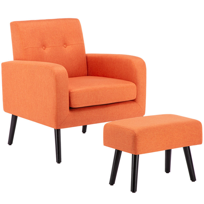 Chaise de salon avec repose-pieds, fauteuil de lecture capitonné avec pieds en bois massif, Mélange de polyester orange