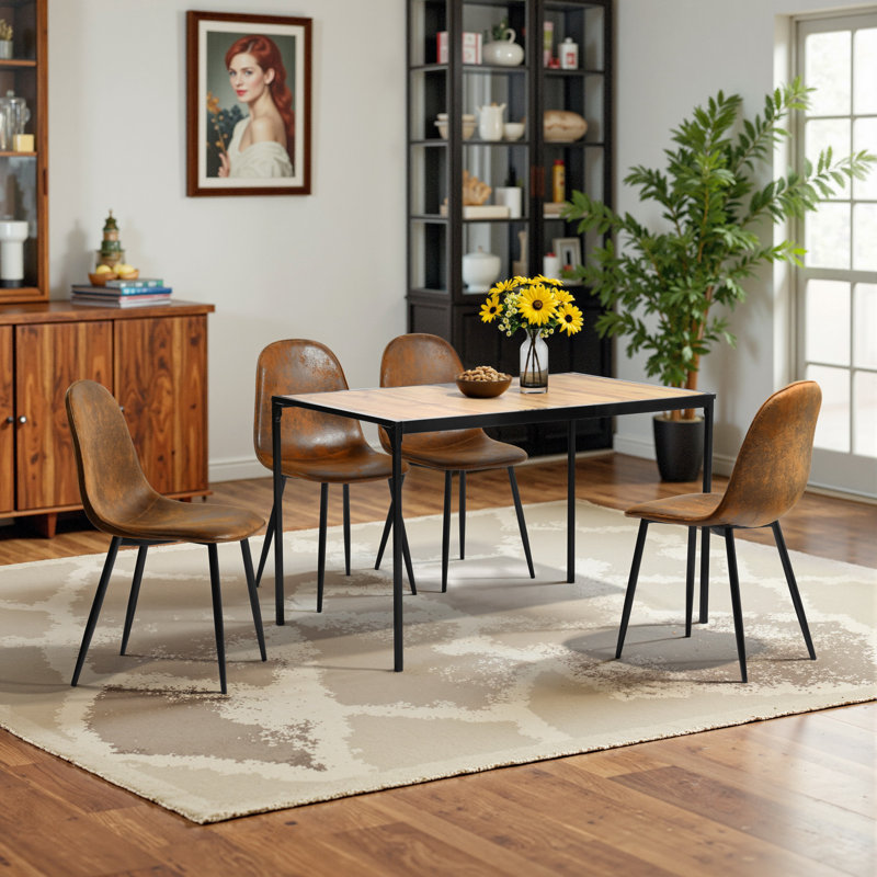 Hararat Modern 5-Piece Dining Set Rectangular Table for 4, Upholstered Chairs Dining Room Breakfast Nook, Brown