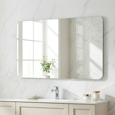 40 x 30 Inch Frameless Bathroom Vanity Mirror, HD 5mm Silver Wall Mirror with Rounded Corners, Tempered Shatter-Resistant Glass, Horizontal or Vertical Mount