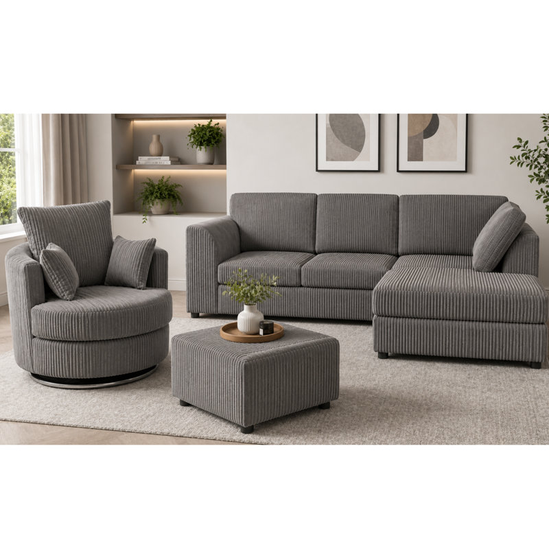 4 Seater Corduroy Sofa & Chaise, Right Hand Facing, Charcoal