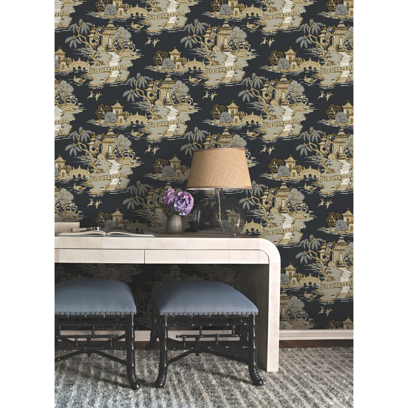 Pagoda And Sampan Scenic Vinyl Wallpaper Roll, Black