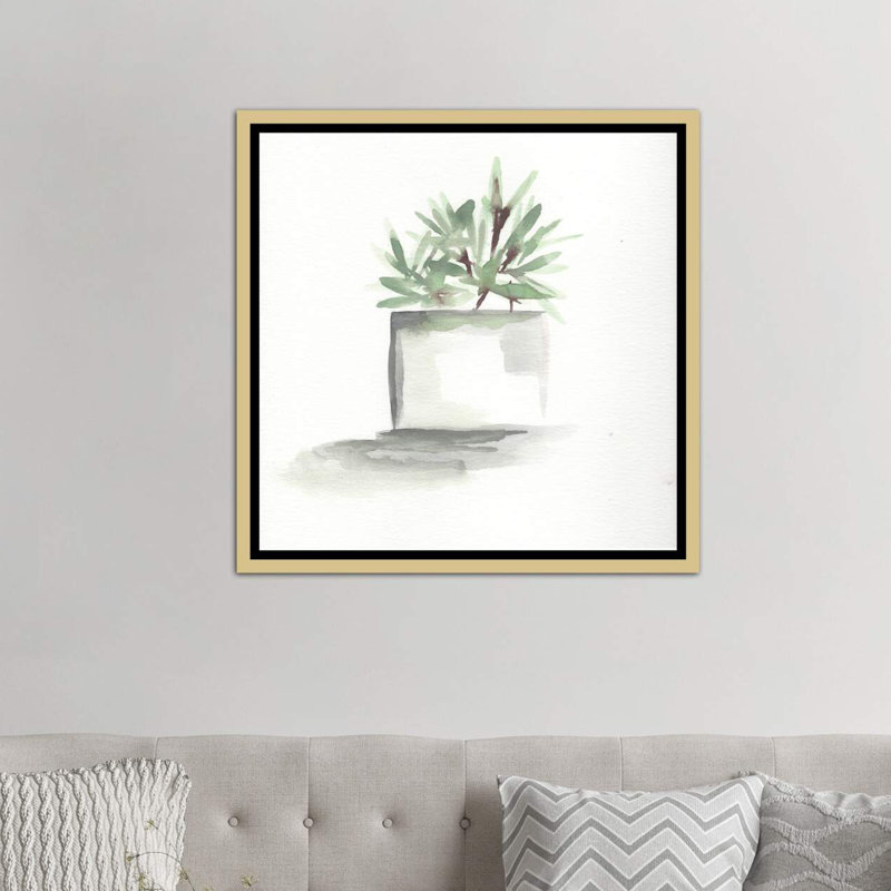« aquarelle-cactus still life iv », peinture, Toile encadrée d'or, H 18 po x l 18 po x P 1,5 po