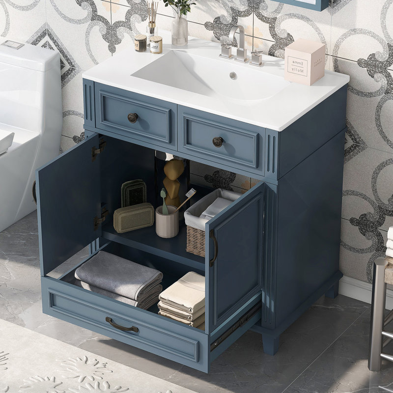 30" Blue Bathroom Vanity with Ceramic Sink, Solid Wood Frame, Soft Closing Doors, and Ample Storage for Modern Elegance, Blue