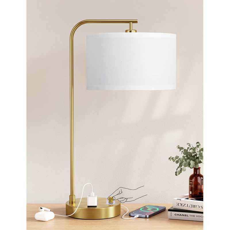 Lampe de table moderne dorée 20,7 po avec bouton de gradation, prise de courant et USB A&C, Or + blanc