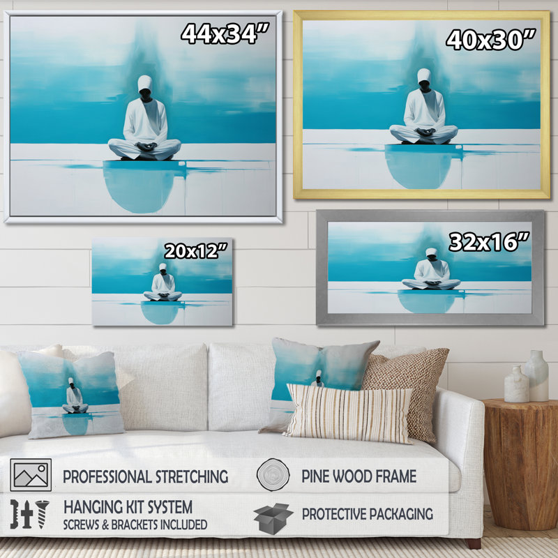 White Blue Meditation Harmony Of Mind - Spiritual Wall Art Prints, H 12 po x l 20 po, Cadre flottant noir