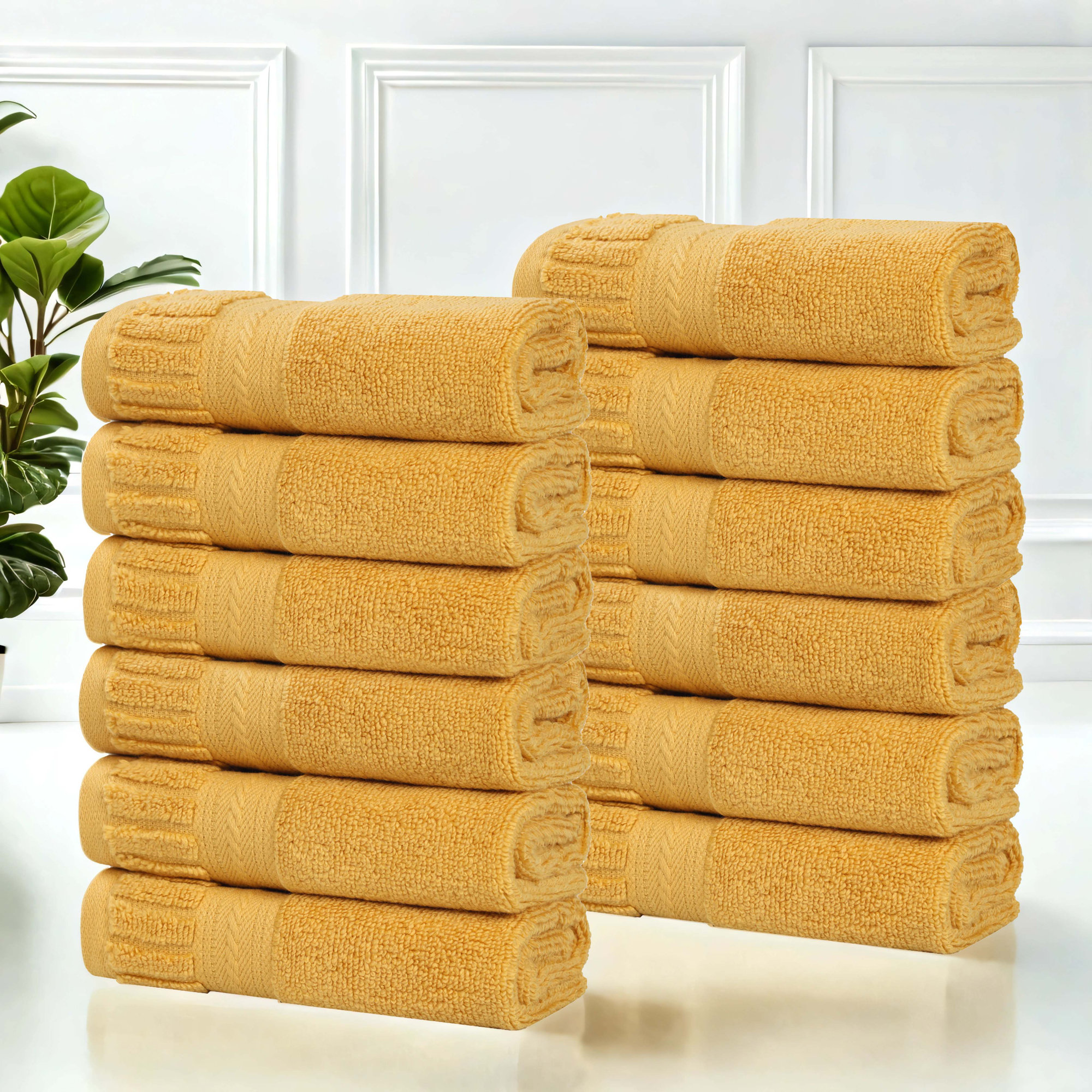 Venice Zero Twist Cotton Medium Weight Soft Absorbent Towel Set, Washcloths - 12 Pack, Gold