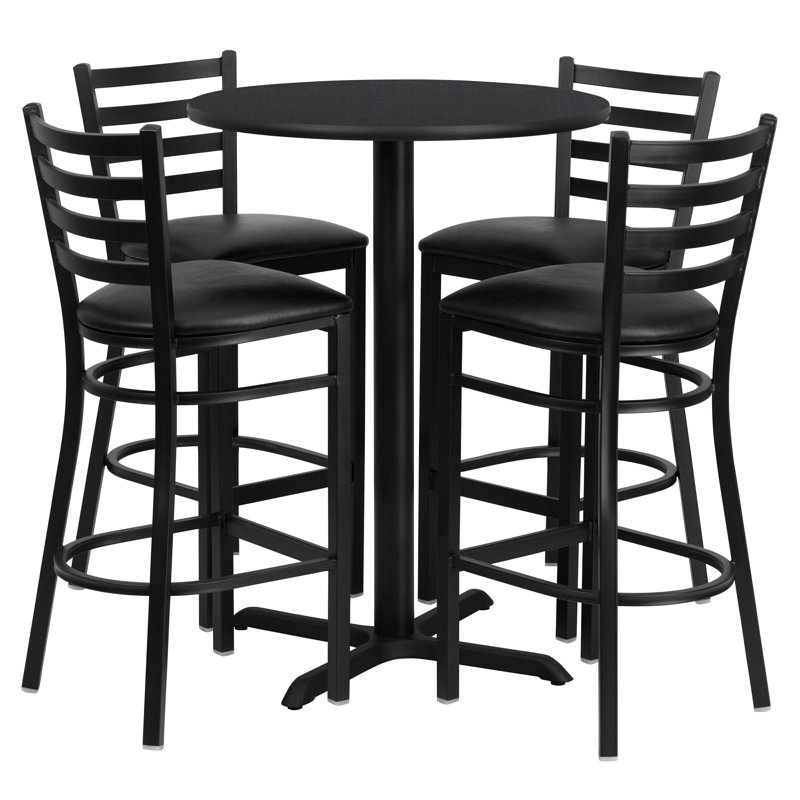 30'' Round Laminate Table Set with X-Base and 4 Ladder Back Metal Barstools, Black, Black