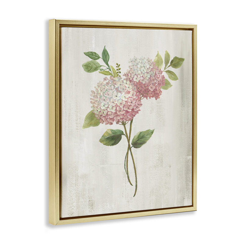 Cadre flottant à tiges d'hortensia rose, design par Nan, H 31 po x l 25 po, Cadre flottant métallique doré