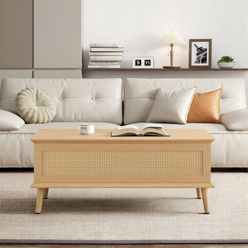 Table basse à plateau relevable en rotin avec rangement caché Teagan