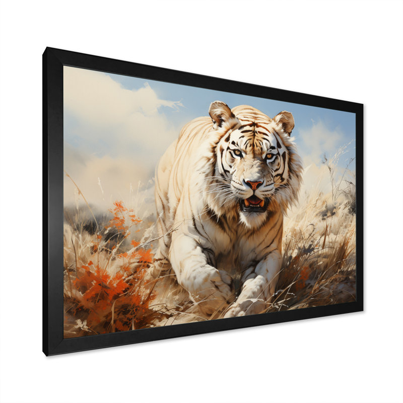«White Tiger On Rolling Grassland I», reproduction d'art sur toile, H 24 po x l 32 po x P 1 po, Cadre simple noir