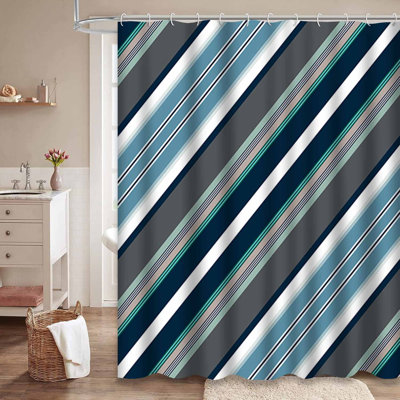 Seamless Grey White Diagonal Blue Shower Curtain with 12 Hooks