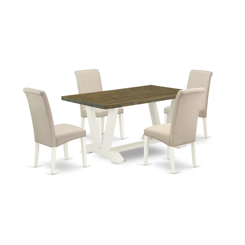 Ensemble de table de salle à manger 5 pièces comprenant une table en bois jacobine vieilli et 4 chaises de cuisine en lin crème avec dossier haut - Lin brossé blanc