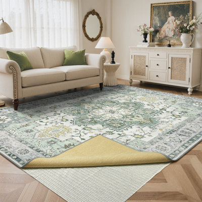 Tapis performance vert / ivoire 9 pi x 12 pi lavable à la machine avec sous-tapis antidérapant