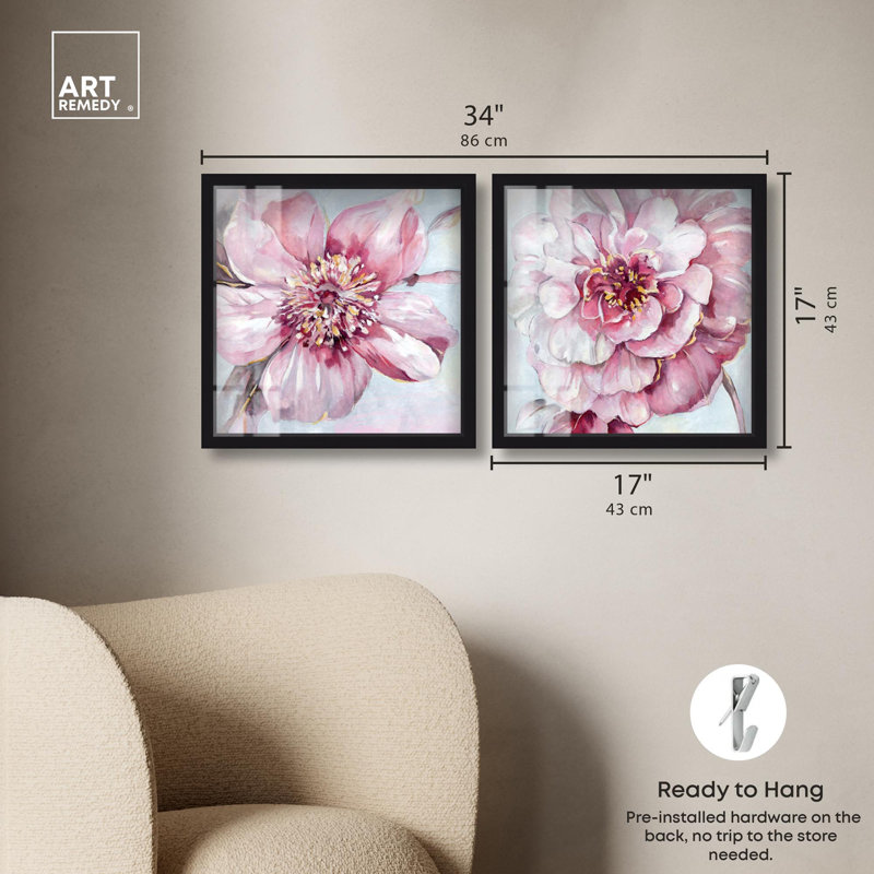 Blush Pink Floral Art , H 17 po x l 17 po, Noir