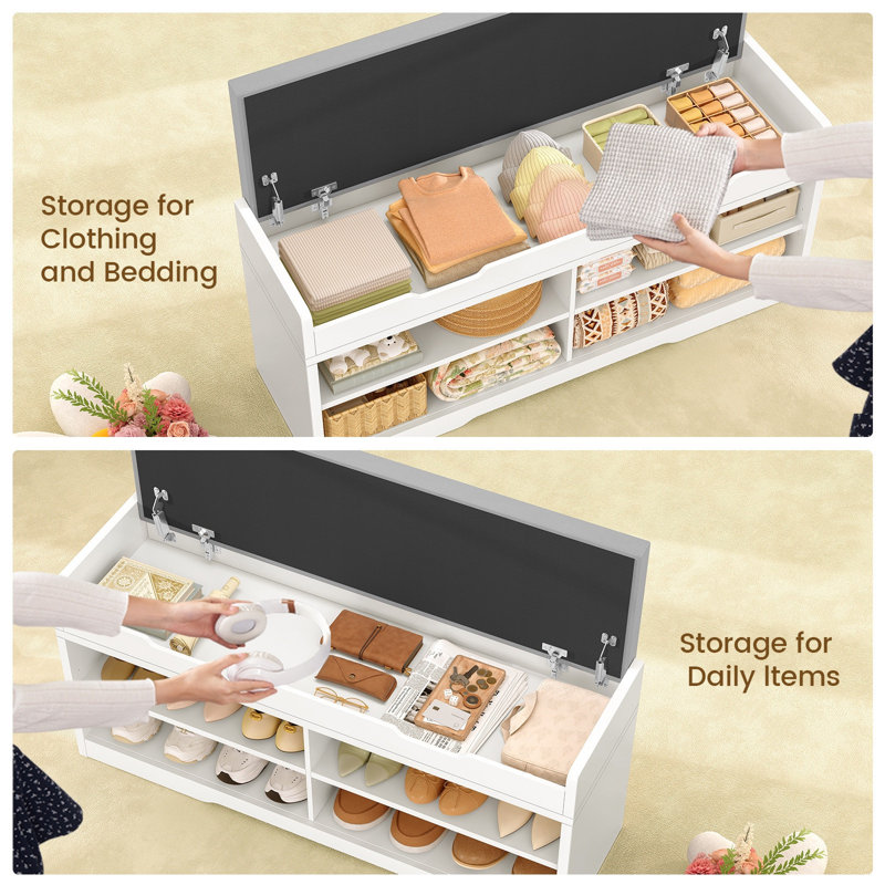 47.24" Shoe Storage Bench With Padded Seat Cushion, Entryway Shoe Bench With 2 Adjustable Shelves, White, White