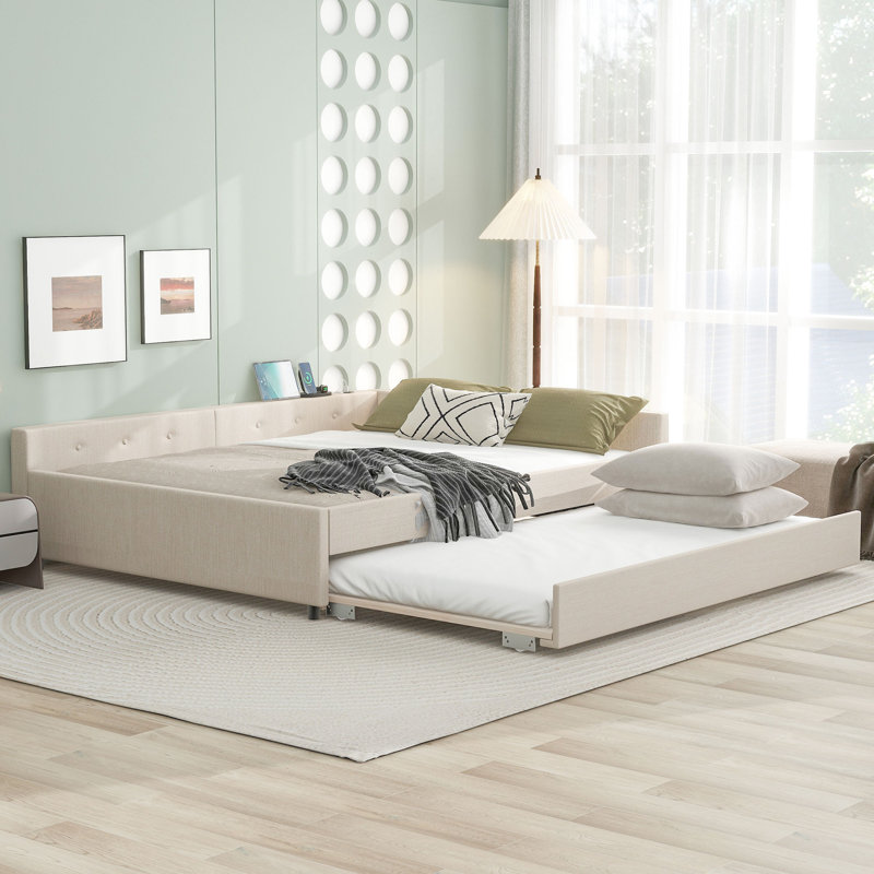 Grand lit plateforme tapissier avec ports USB et lit gigogne simple, tissu de lin, beige, Grand lit