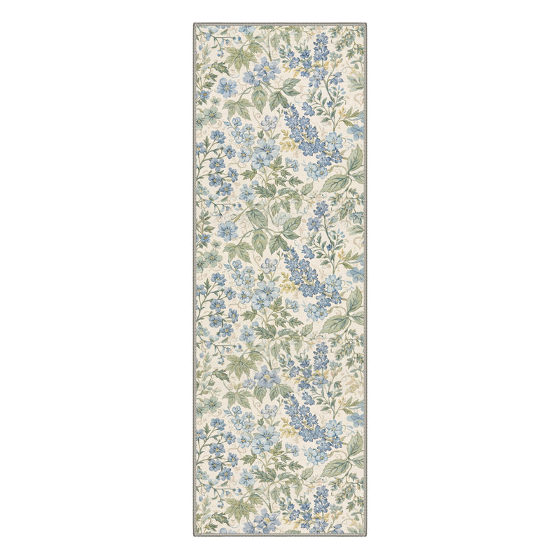 Aura Floral Machine Washable Blue/Beige/Green Indoor Area Rug With Non-Slip Backing, Runner 2'3" x 6', Blue/Green