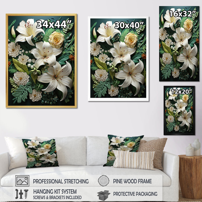 «White Green Lilies Eernal Elegance», reproduction sur toile encadrée, Or, H 20 po x l 12 po x P 1 po