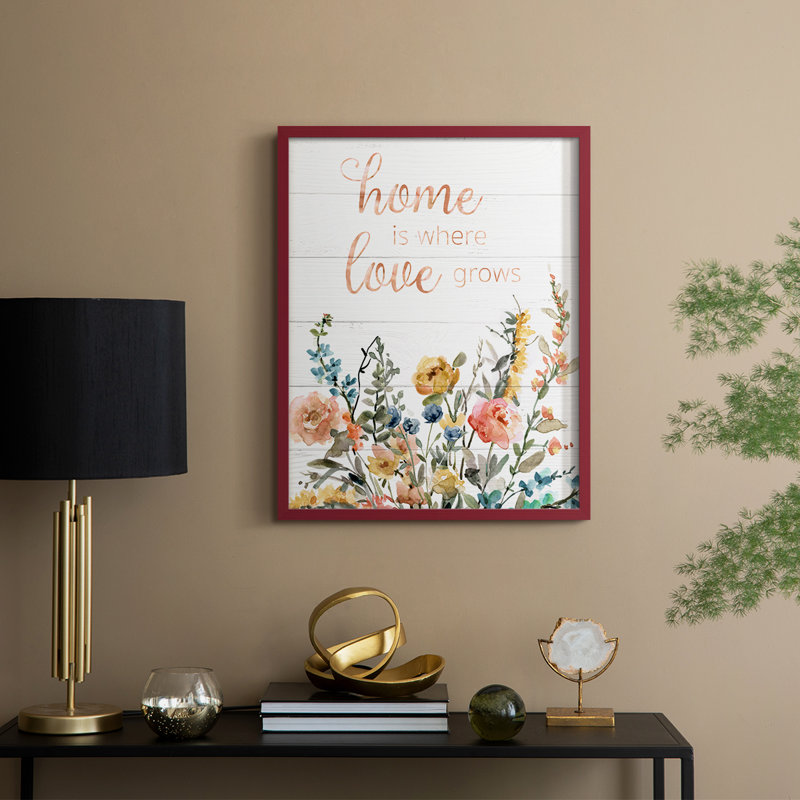 Home is Where Love Grows, reproduction encadrée - bois massif, H 11 po x l 9 po, Rouge