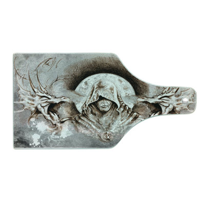 Ambesonne Dragon Tempered Glass Cutting Board Monk Branches Medieval Grey Umber Brown