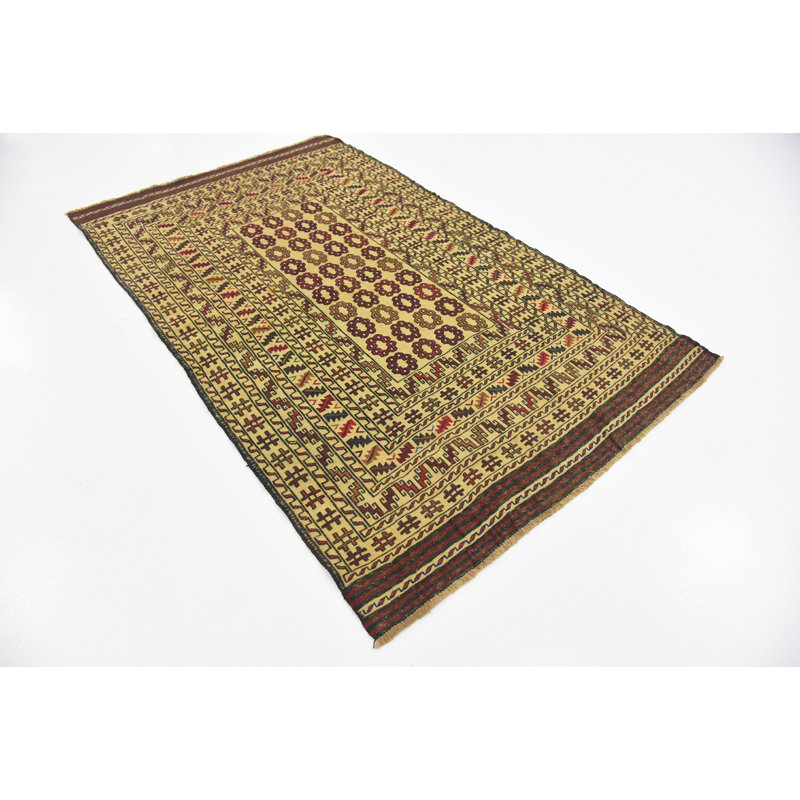 Tapis beige en laine 4 pi x 6 pi 4 po one-of-kind à la main noué la Warminster