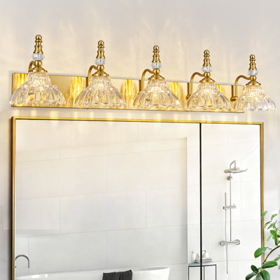 Luminaires de salle de bain rétro 5 lumières au-dessus d'un miroir, éclairage de meuble-lavabo avec abat-jour en verre fleuri