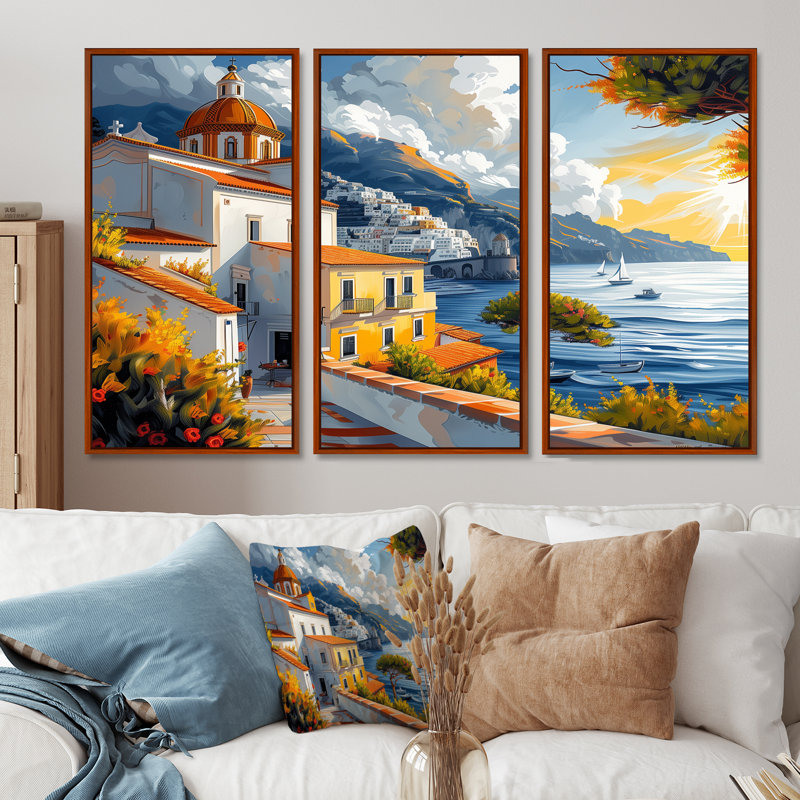Ensemble d'art mural rétro de la côte d'Amalfi II - Italie, Toile avec cadre flottant brun, H 28 po x l 36 po x P 1 po