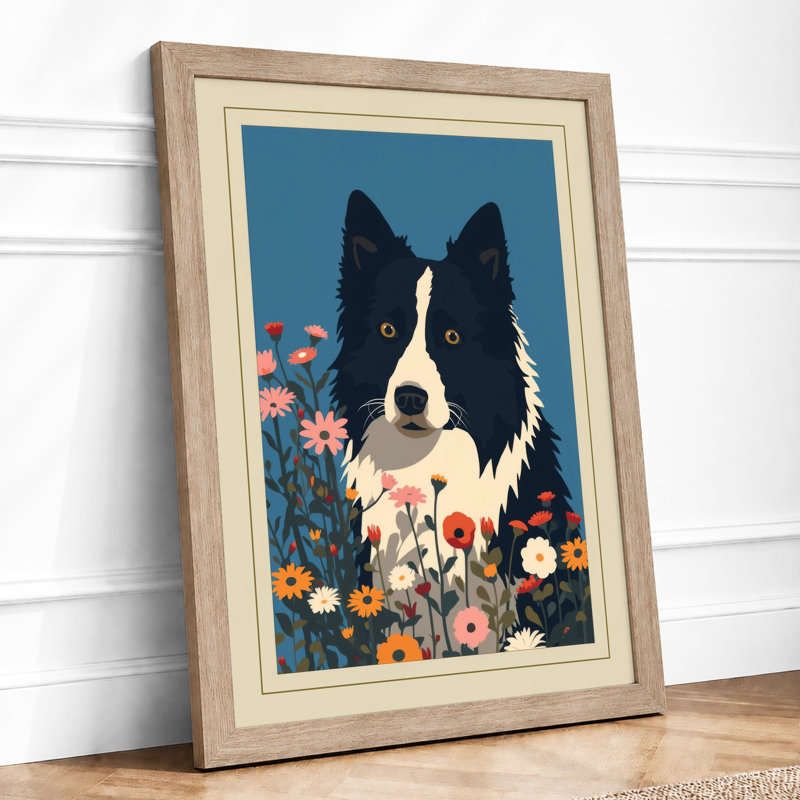 Dog Among Flowers Retro - Framed Print, A1 - 84.1 x 59.4 cm, Oak