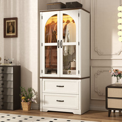 Tall Farmhouse Arched Wardrobe With Led Lighting, 72" Freestanding Clothing Storage Cabinet With Glass Doors & Drawers For Bedroom