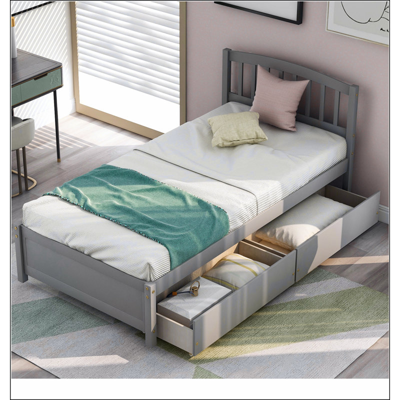 Base de lit plateforme avec deux tiroirs et tête de lit, Gris