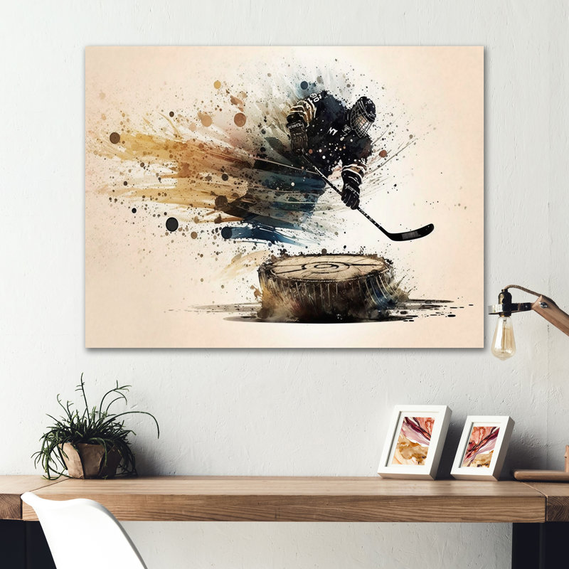 Joueur de hockey frappant une rondelle, H 24 po x l 32 po x P 1 po, Toile tendue