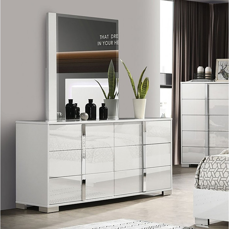 Commode 6 tiroirs avec miroir Warddy, Blanc