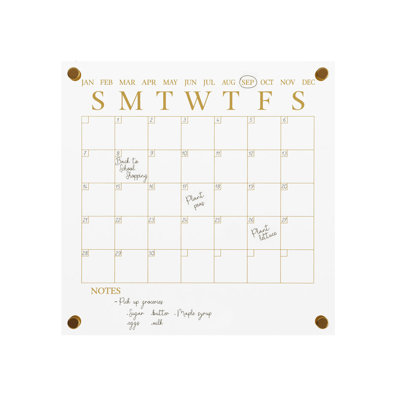 Clear Gold Acrylic Monthly Wall Calendar with Dry Erase Marker